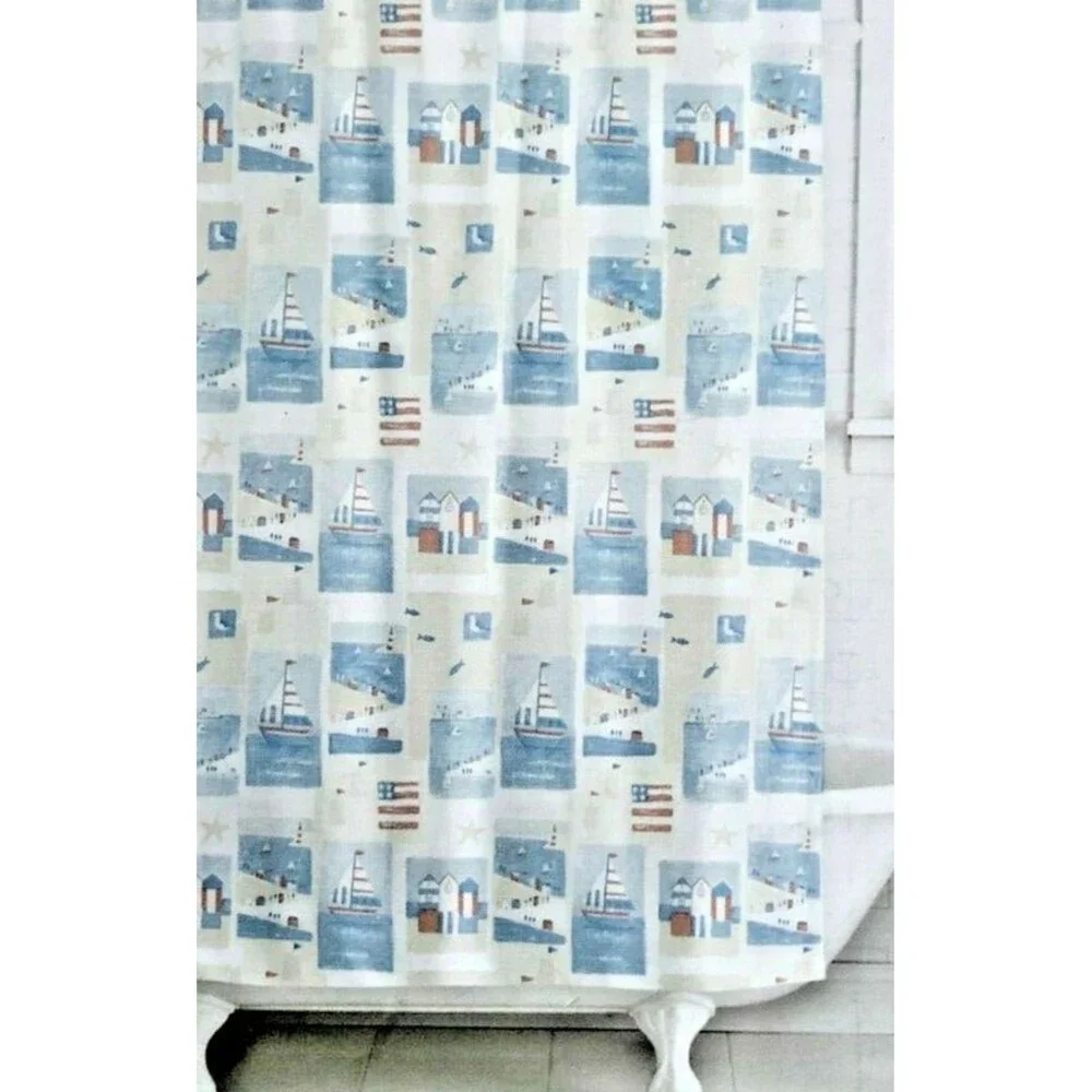 Fair Harbor Nautical Fabric Shower Curtain Lighthouse Sailboat Beach Coastal